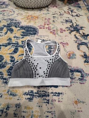 Fabletics White and Black Star Pattern Racerback Sports Bra
